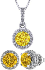 Central Diamond Center Round Halo Earring & Necklace Set w/ 6.5mm Simulated Birthstones in 925 Sterling Silver, Hypoallergenic