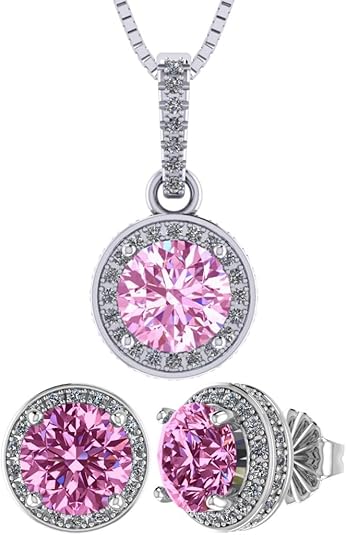 Central Diamond Center Round Halo Earring & Necklace Set w/ 6.5mm Simulated Birthstones in 925 Sterling Silver, Hypoallergenic