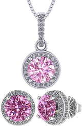 Central Diamond Center Round Halo Earring & Necklace Set w/ 6.5mm Simulated Birthstones in 925 Sterling Silver, Hypoallergenic