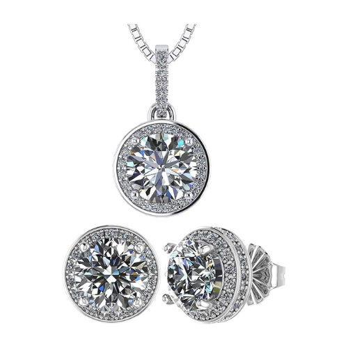 Central Diamond Center Halo Earring & Necklace Set, Solid Sterling Silver w/Pure Brilliance Zirconia - Hypoallergenic