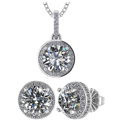Central Diamond Center Halo Earring & Necklace Set, Solid Sterling Silver w/Pure Brilliance Zirconia - Hypoallergenic
