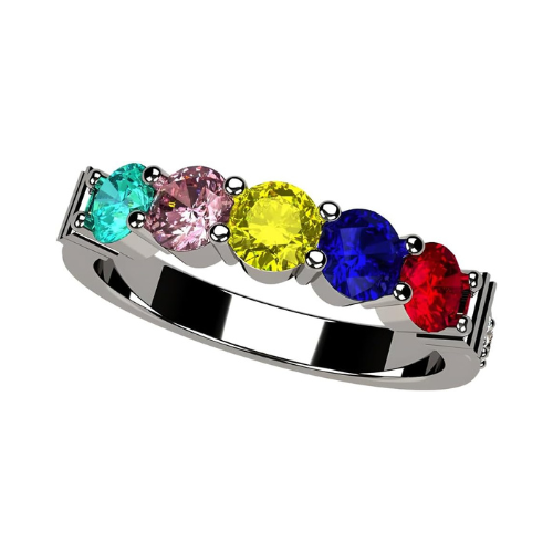 Central Diamond Center Shared Prong w/ Sides Mothers Birthstone Ring w/ 1-6 Simulated Gemstones in Sterling Silver, 10K, or 14K Gold
