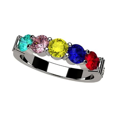 Central Diamond Center Shared Prong w/ Sides Mothers Birthstone Ring w/ 1-6 Simulated Gemstones in Sterling Silver, 10K, or 14K Gold