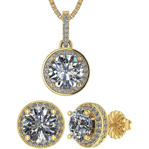 Central Diamond Center Round Halo Earring & Necklace Set w/ 6.5mm Simulated Birthstones in 925 Sterling Silver, Hypoallergenic