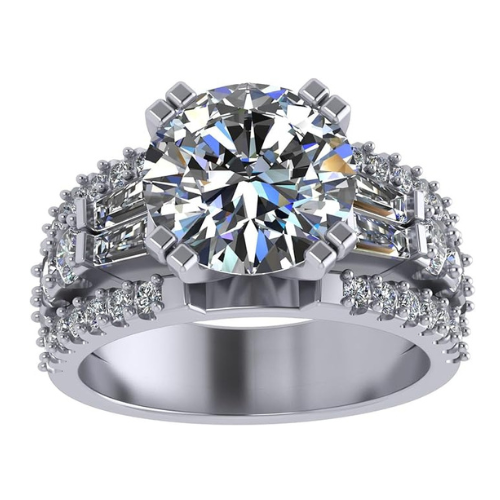 3.00 Carat Simulate Diamond Engagement Ring-Round & Baguette 5.00ct twt-Platinum Plated Sterling Silver