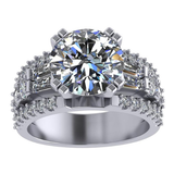 3.00 Carat Simulate Diamond Engagement Ring-Round & Baguette 5.00ct twt-Platinum Plated Sterling Silver