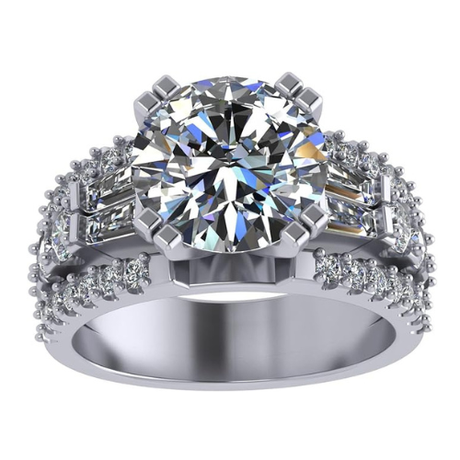 3.00 Carat Simulate Diamond Engagement Ring-Round & Baguette 5.00ct twt-Platinum Plated Sterling Silver