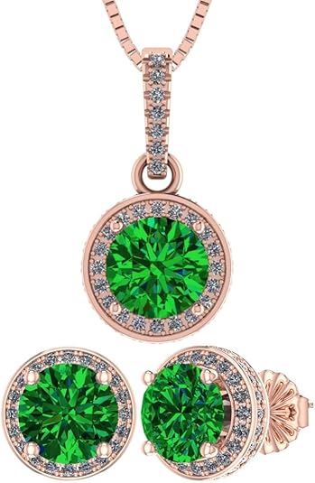 Central Diamond Center Round Halo Earring & Necklace Set w/ 6.5mm Simulated Birthstones in 925 Sterling Silver, Hypoallergenic