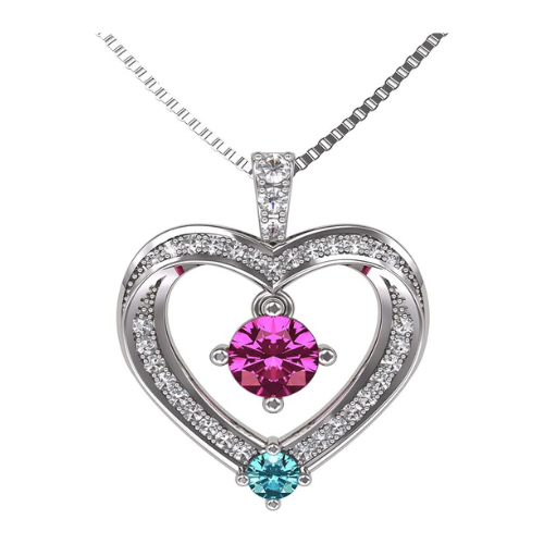 Central Diamond Center Couples 2 Stone Heart Pendant w/ Simulated Birthstones, Includes 0.8mm 22" Adj. Box Chain