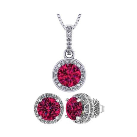 Central Diamond Center Round Halo Earring & Necklace Set w/ 6.5mm Simulated Birthstones in 925 Sterling Silver, Hypoallergenic