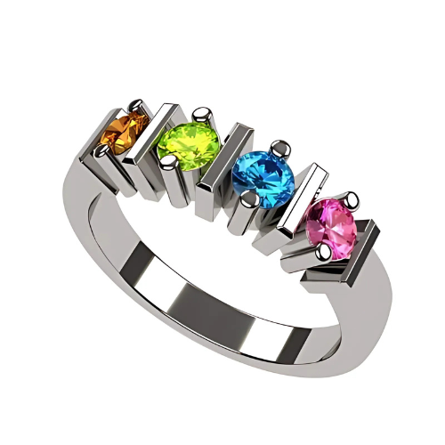 Central Diamond Center Straight Bar Mother's Ring Simulated Birthstone Ring w/ 1-6 Stones - Sterling Silver, 10K or 14K Gold