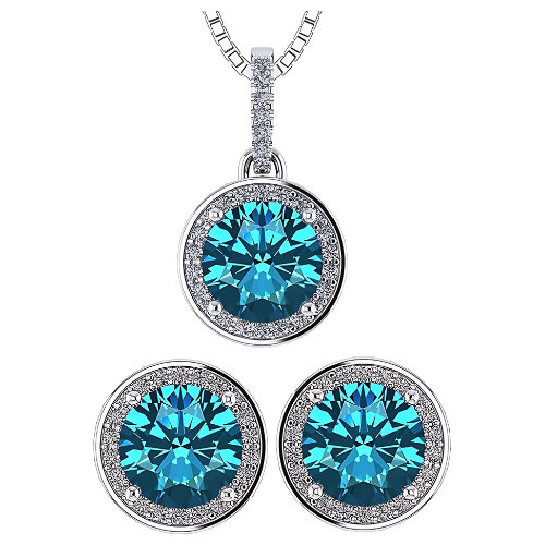 Central Diamond Center Round Halo Earring & Necklace Set w/ 6.5mm Simulated Birthstones in 925 Sterling Silver, Hypoallergenic