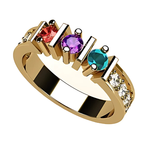 Central Diamond Center Straight Bar w/ Side CZs Mothers Ring with 1-6 Simulated Birthstones in Solid Sterling Silver, 10K or 14K Gold