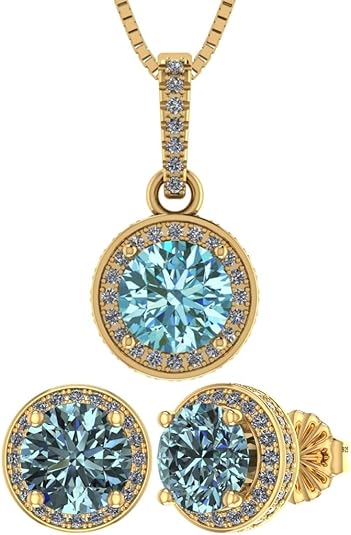 Central Diamond Center Round Halo Earring & Necklace Set w/ 6.5mm Simulated Birthstones in 925 Sterling Silver, Hypoallergenic