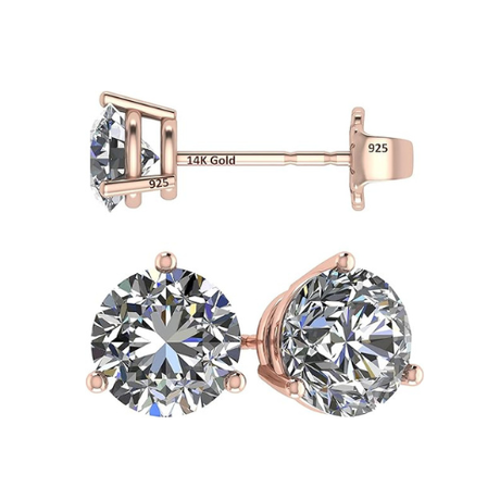 14K Gold Post & Sterling Silver Pure Brilliance Zirconia 3 Prong Martini Style Stud Earrings 1.0ct to 4ct