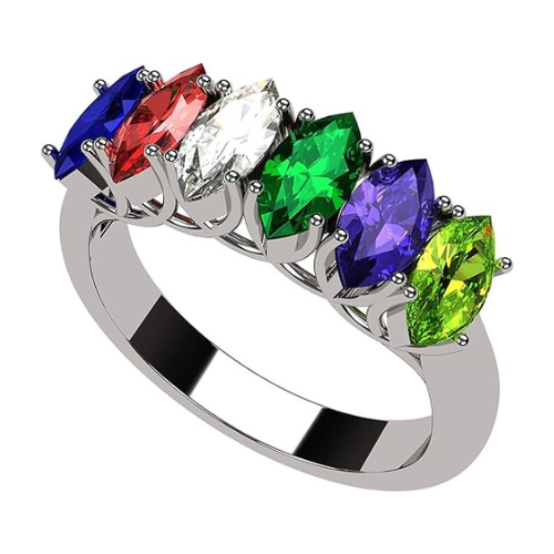 Central Diamond Center Marquise Cut Lucita Mothers Rings w/ 1 to 7 Simulated Birthstones in Sterling Silver, 10K or 14K Gold