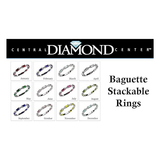 Central Diamond Center Baguette Stackable Birthstone Ring Band w/ Simulated Birthstones, Sterling Silver