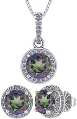 Central Diamond Center Round Halo Earring & Necklace Set w/ 6.5mm Simulated Birthstones in 925 Sterling Silver, Hypoallergenic