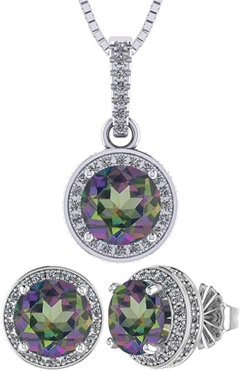 Central Diamond Center Round Halo Earring & Necklace Set w/ 6.5mm Simulated Birthstones in 925 Sterling Silver, Hypoallergenic