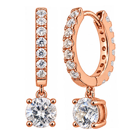Central Diamond Center Sterling Silver Hoop Earrings with Round-Cut Simulated Diamond Dangle – 2.5 CTW CZ, Prong Set, Elegant Drop Hoops for Women