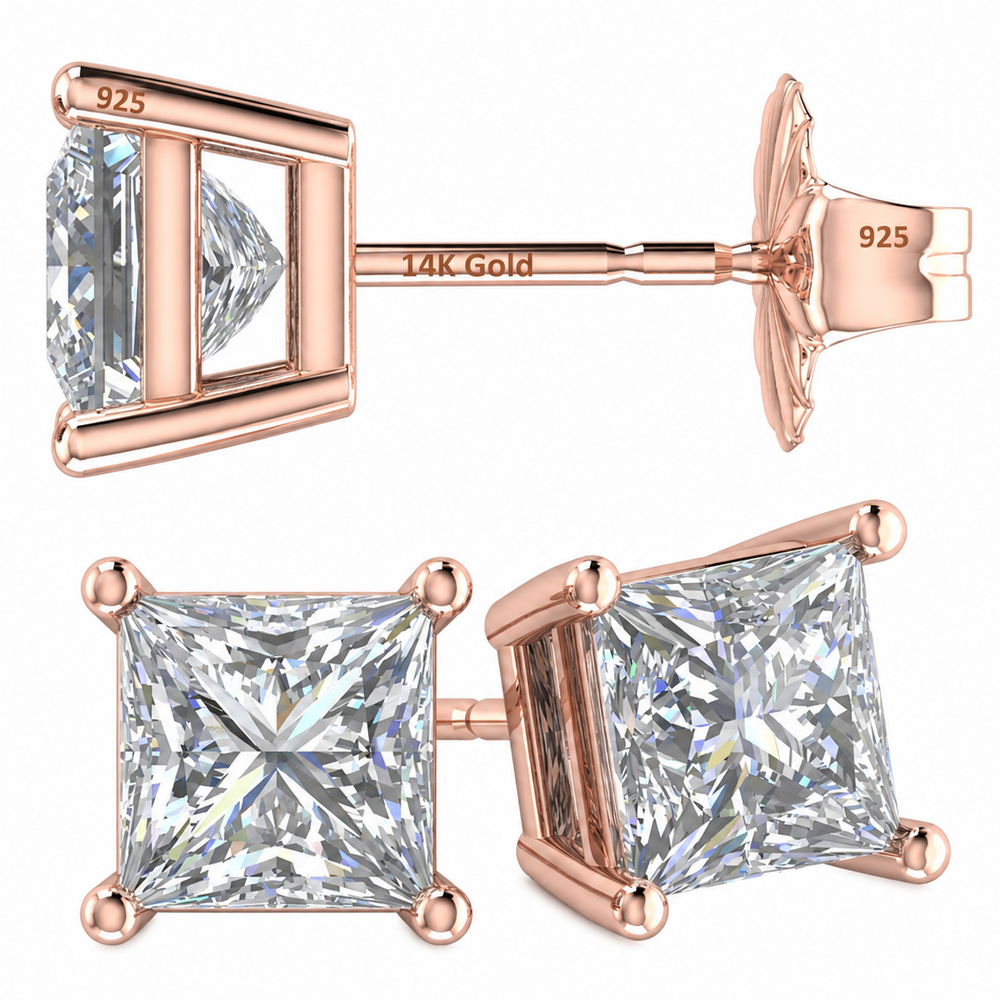 14K Gold Posts & Sterling Silver Princess Cut CZ Stud Earrings w/Pure Brilliance Zirconia, 1.50-4.00ctw