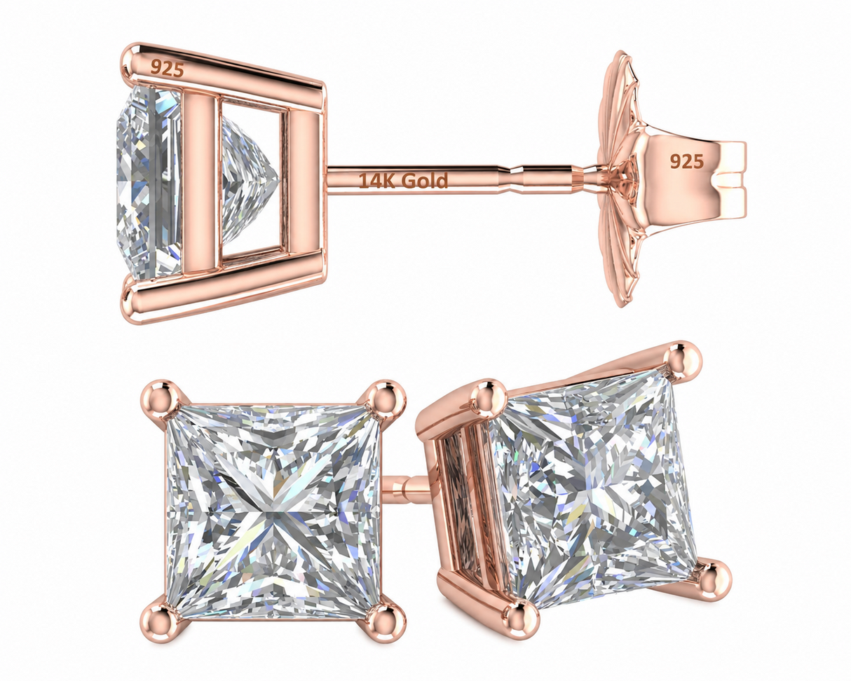 14K Gold Posts & Sterling Silver Princess Cut CZ Stud Earrings w/Pure Brilliance Zirconia, 1.50-4.00ctw