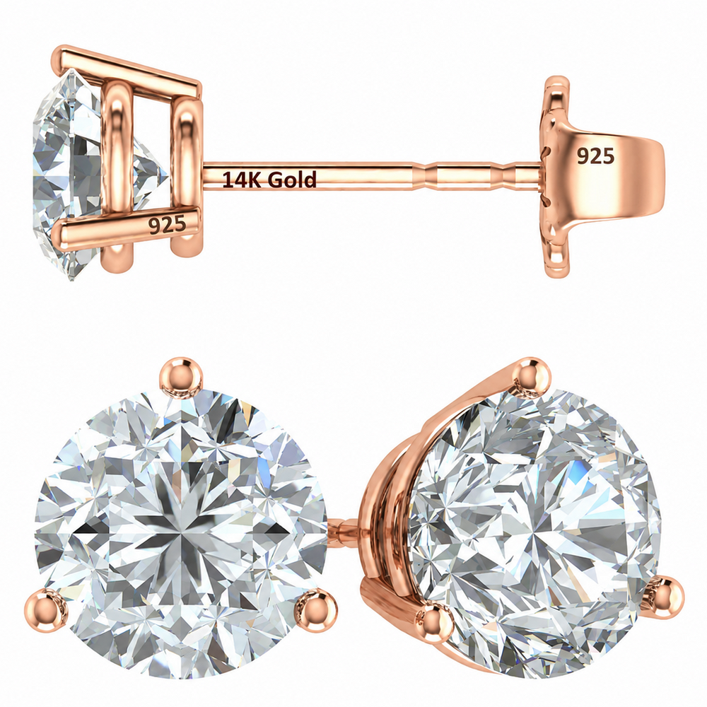 14K Gold Post & Sterling Silver Pure Brilliance Zirconia 3 Prong Martini Style Stud Earrings 1.0ct to 4ct