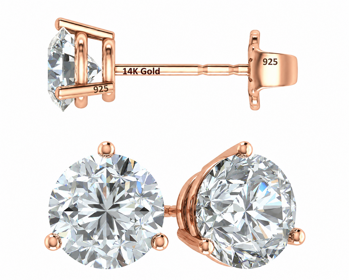 14K Gold Post & Sterling Silver Pure Brilliance Zirconia 3 Prong Martini Style Stud Earrings 1.0ct to 4ct