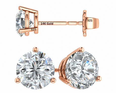 14K Gold Post & Sterling Silver Pure Brilliance Zirconia 3 Prong Martini Style Stud Earrings 1.0ct to 4ct