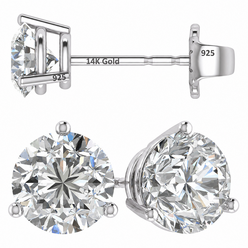 14K Gold Post & Sterling Silver Pure Brilliance Zirconia 3 Prong Martini Style Stud Earrings 1.0ct to 4ct