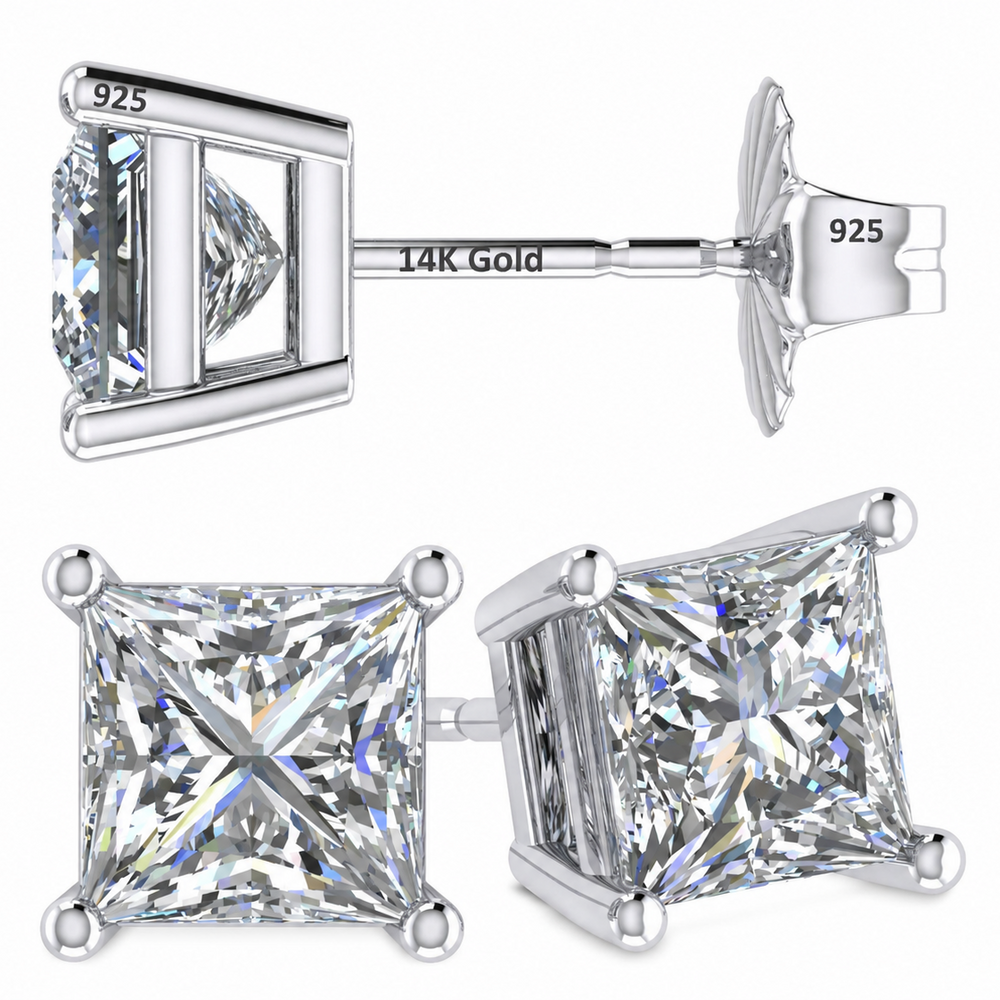 14K Gold Posts & Sterling Silver Princess Cut CZ Stud Earrings w/Pure Brilliance Zirconia, 1.50-4.00ctw