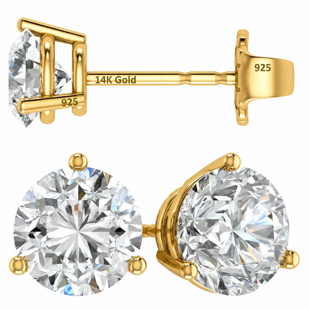 14K Gold Post & Sterling Silver Pure Brilliance Zirconia 3 Prong Martini Style Stud Earrings 1.0ct to 4ct