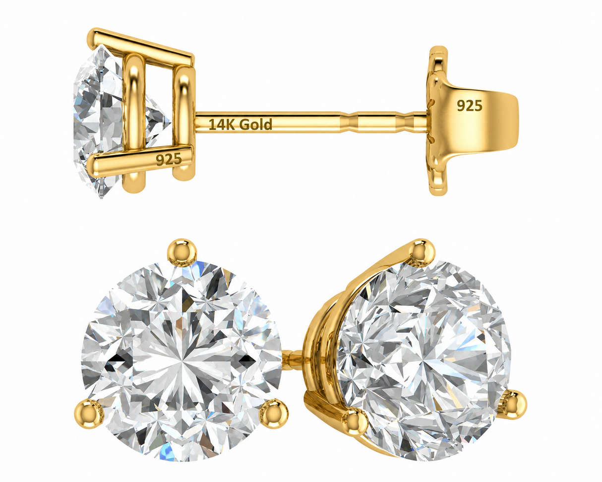 14K Gold Post & Sterling Silver Pure Brilliance Zirconia 3 Prong Martini Style Stud Earrings 1.0ct to 4ct