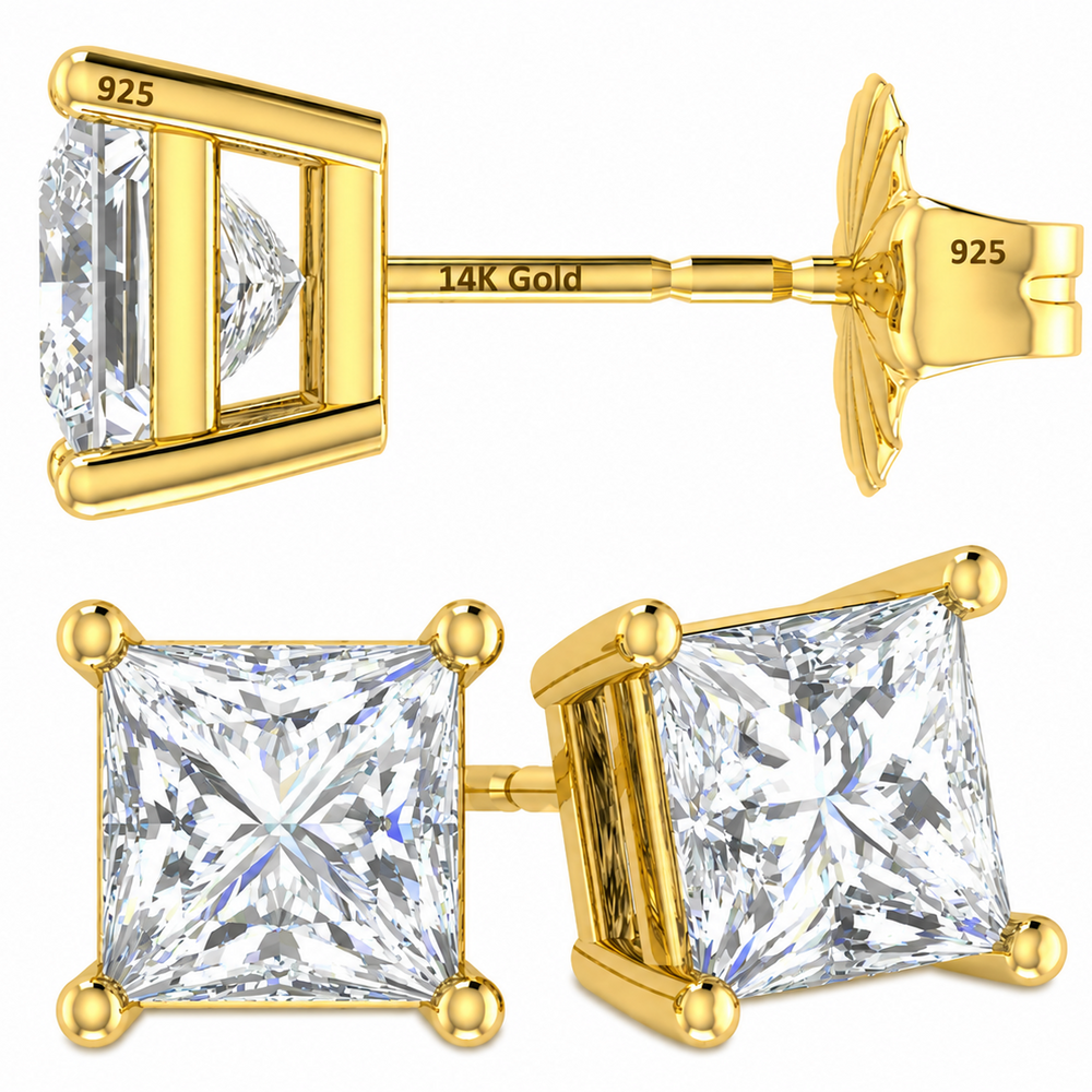 14K Gold Posts & Sterling Silver Princess Cut CZ Stud Earrings w/Pure Brilliance Zirconia, 1.50-4.00ctw