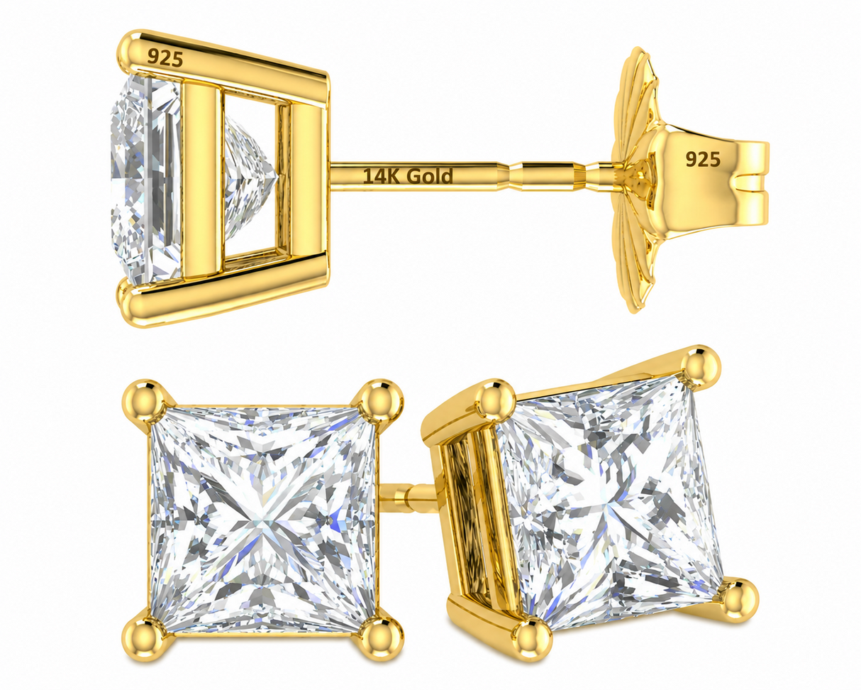 14K Gold Posts & Sterling Silver Princess Cut CZ Stud Earrings w/Pure Brilliance Zirconia, 1.50-4.00ctw