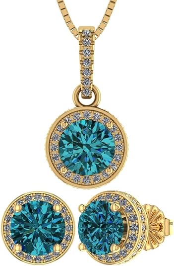 Central Diamond Center Round Halo Earring & Necklace Set w/ 6.5mm Simulated Birthstones in 925 Sterling Silver, Hypoallergenic