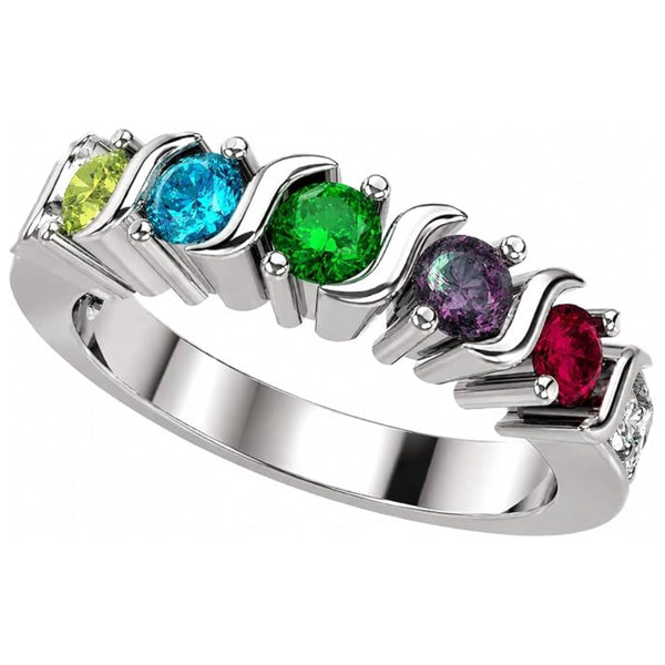 Central Diamond Center S-Bar with Sides Mothers Birthstone Ring in Sterling Silver, 10K or 14K Gold w/ 1-6 Simulated Gemstones