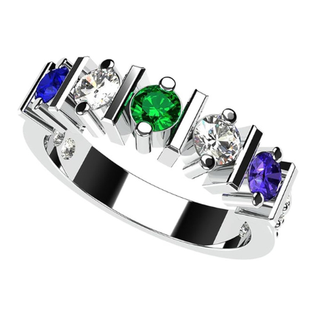 Central Diamond Center Straight Bar w/ Side CZs Mothers Ring with 1-6 Simulated Birthstones in Solid Sterling Silver, 10K or 14K Gold