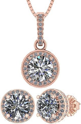 Central Diamond Center Round Halo Earring & Necklace Set w/ 6.5mm Simulated Birthstones in 925 Sterling Silver, Hypoallergenic