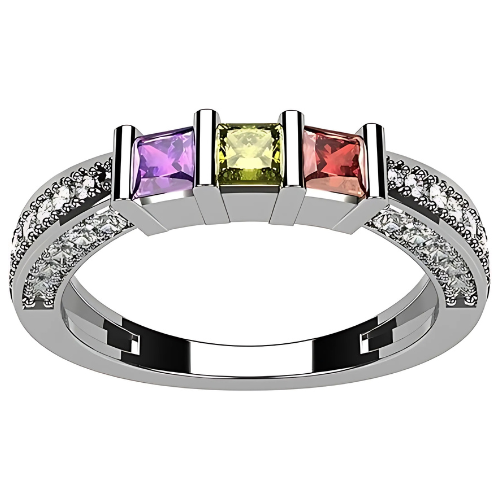 Central Diamond Center Princess Mothers Birthstone Ring w/Accent CZs on 3 Sides w/1-6 Simulated Gemstones in Silver, 10K or 14K Gold