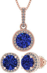 Central Diamond Center Round Halo Earring & Necklace Set w/ 6.5mm Simulated Birthstones in 925 Sterling Silver, Hypoallergenic