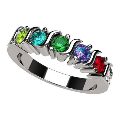 Central Diamond Center S-Bar with Sides Mothers Birthstone Ring in Sterling Silver, 10K or 14K Gold w/ 1-6 Simulated Gemstones