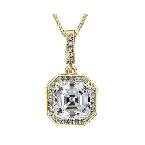 NANA Asscher Cut Halo CZ Simulated Diamond Solitaire Necklace Sterling Silver 7mm Zirconia Center Gemstone