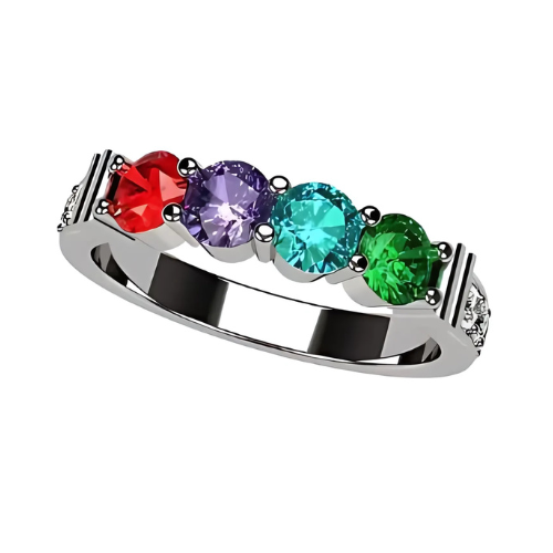 Central Diamond Center Shared Prong w/ Sides Mothers Birthstone Ring w/ 1-6 Simulated Gemstones in Sterling Silver, 10K, or 14K Gold