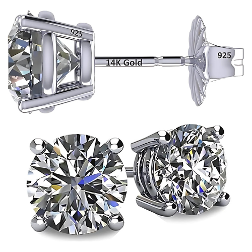 14K Solid Gold Post & Silver Simulated Diamond Stud Earrings-cubic zirconia earrings studs .30ct to 8.00ct