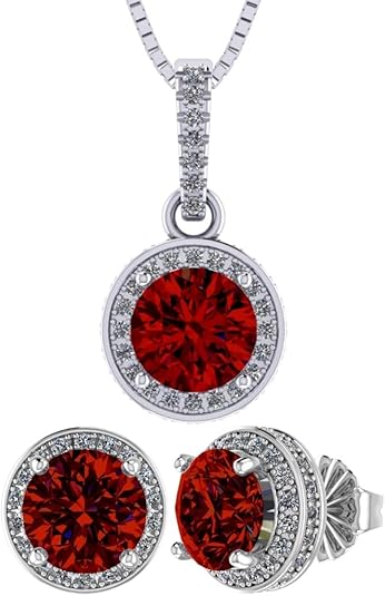 Central Diamond Center Round Halo Earring & Necklace Set w/ 6.5mm Simulated Birthstones in 925 Sterling Silver, Hypoallergenic