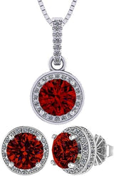 Central Diamond Center Round Halo Earring & Necklace Set w/ 6.5mm Simulated Birthstones in 925 Sterling Silver, Hypoallergenic