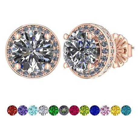 Round Halo Birthstone Stud Earrings 6.5mm Sterling Silver Pure Brilliance Zirconia & Simulated Gemstones