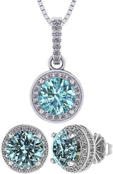 Central Diamond Center Round Halo Earring & Necklace Set w/ 6.5mm Simulated Birthstones in 925 Sterling Silver, Hypoallergenic
