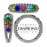Central Diamond Center Rope Mothers Birthstone Ring with 1 to 10 Simulated Birthstones, Sterling Silver, 10K or 14K Gold